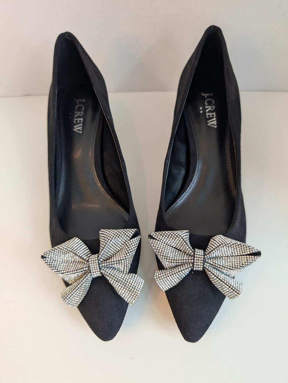 J. Crew Black Pointed Toe Flats with Crystal Bow
